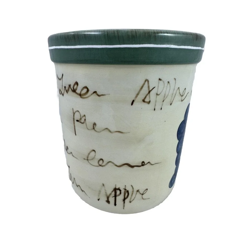 Style-Eyes By Baum Bros Utensil Crock Grape Writing  Ivory Blue Green Word Art